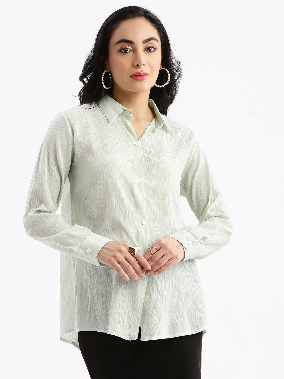 Women Solid Sea Green Slim Fit Shirt