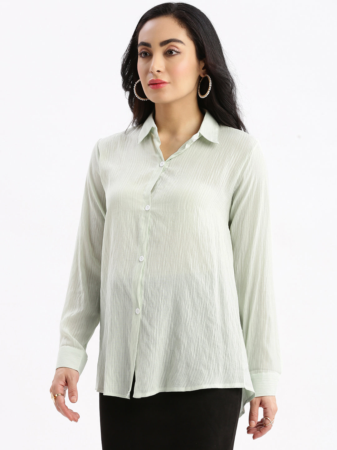 Women Solid Sea Green Slim Fit Shirt