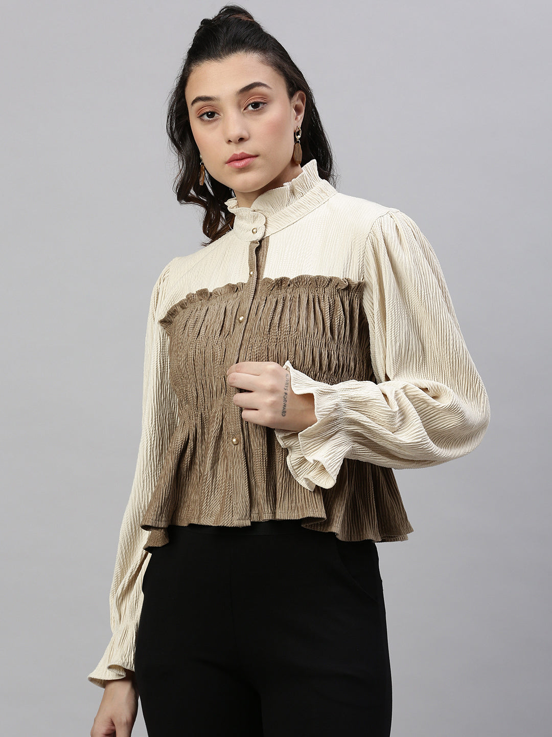 Women Colourblocked Cream Empire Top