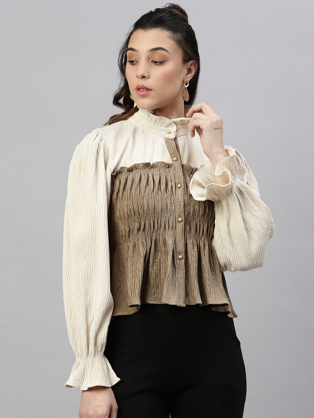 Women Colourblocked Cream Empire Top