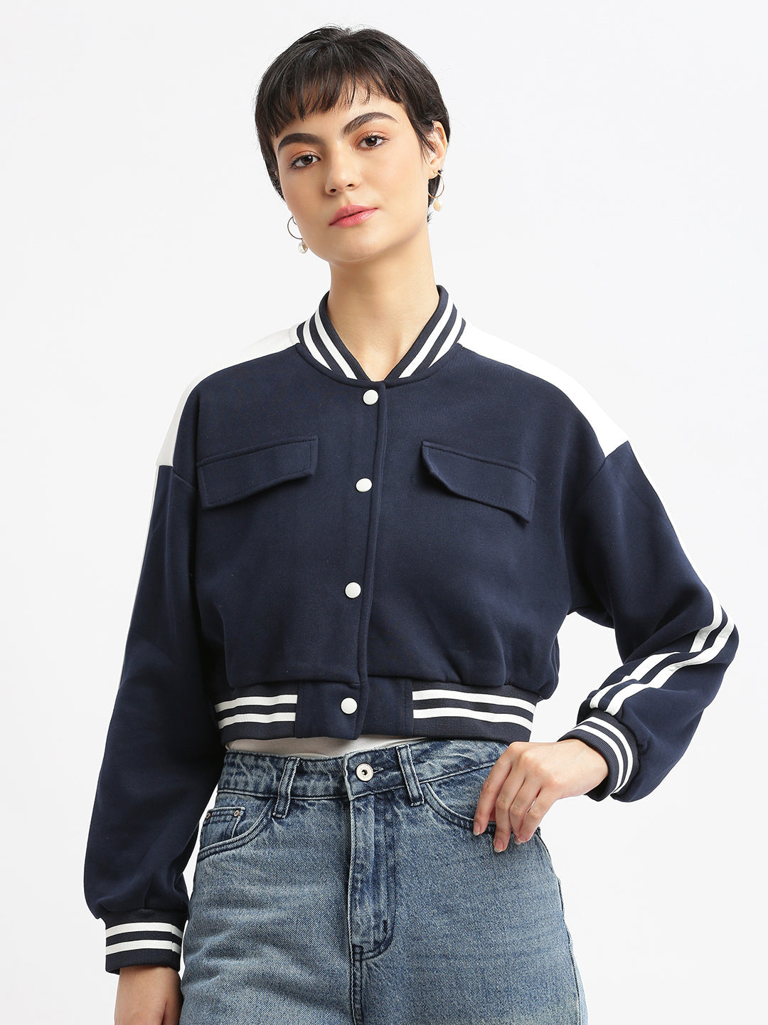 Women Navy Blue Crop Varsity Jacket