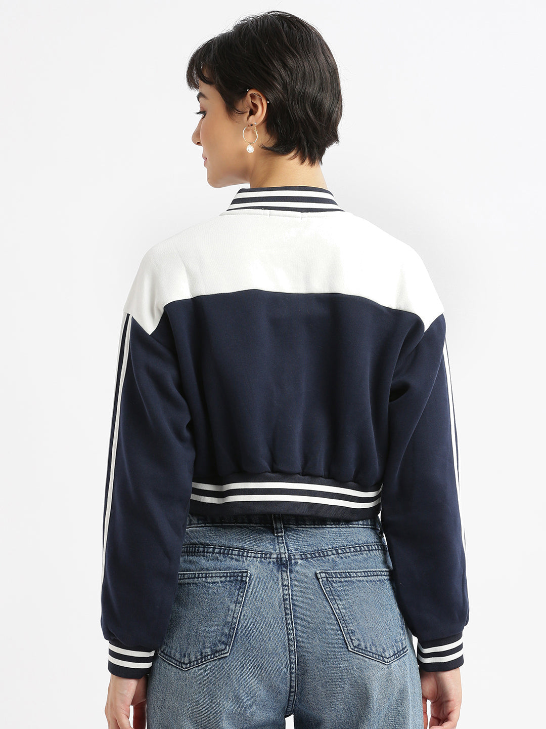 Women Navy Blue Crop Varsity Jacket