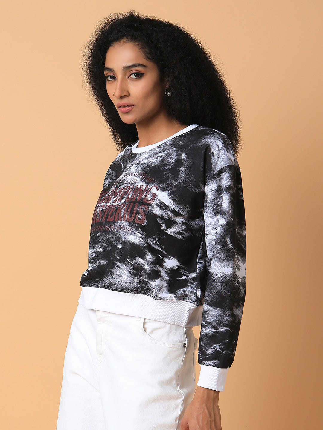 Women Abstract Black Drop Shoulder Pullover