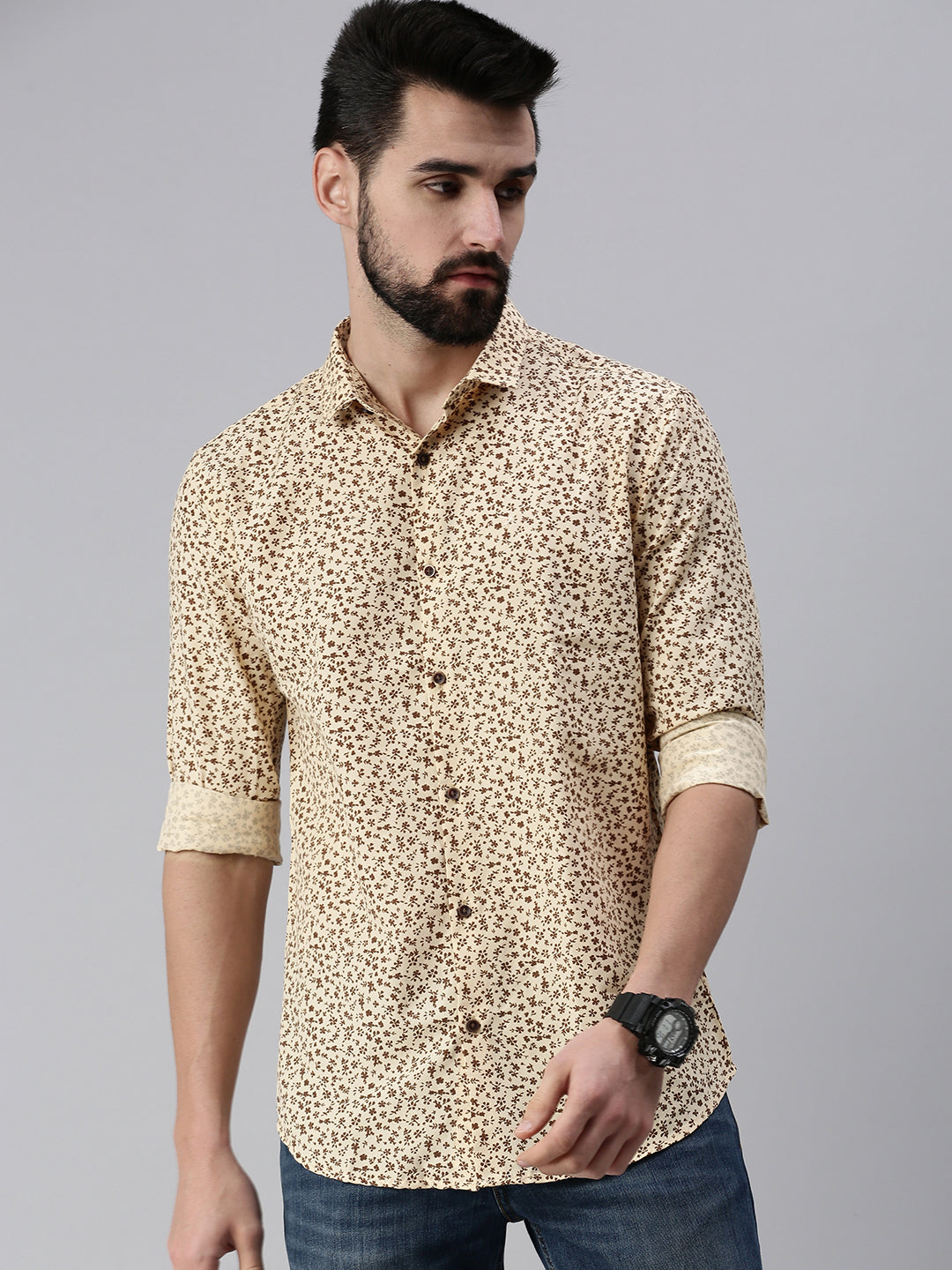 Men Spread Collar Printed Beige Shirt