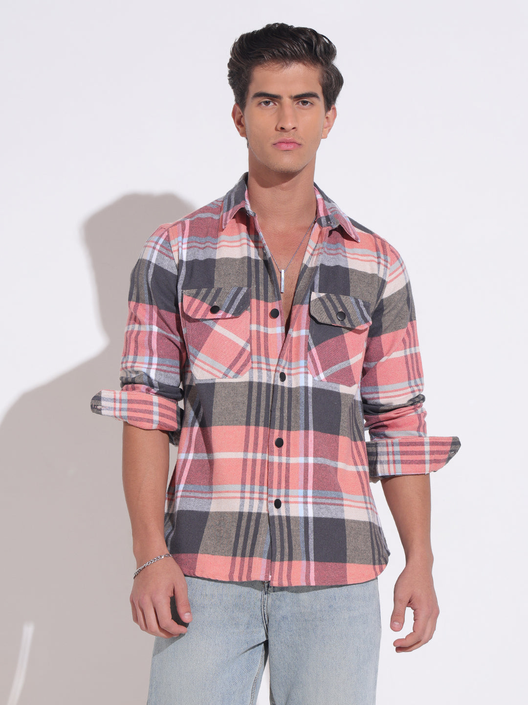 Men's Plaid Check Multi Casual Shacket with Utility Pockets