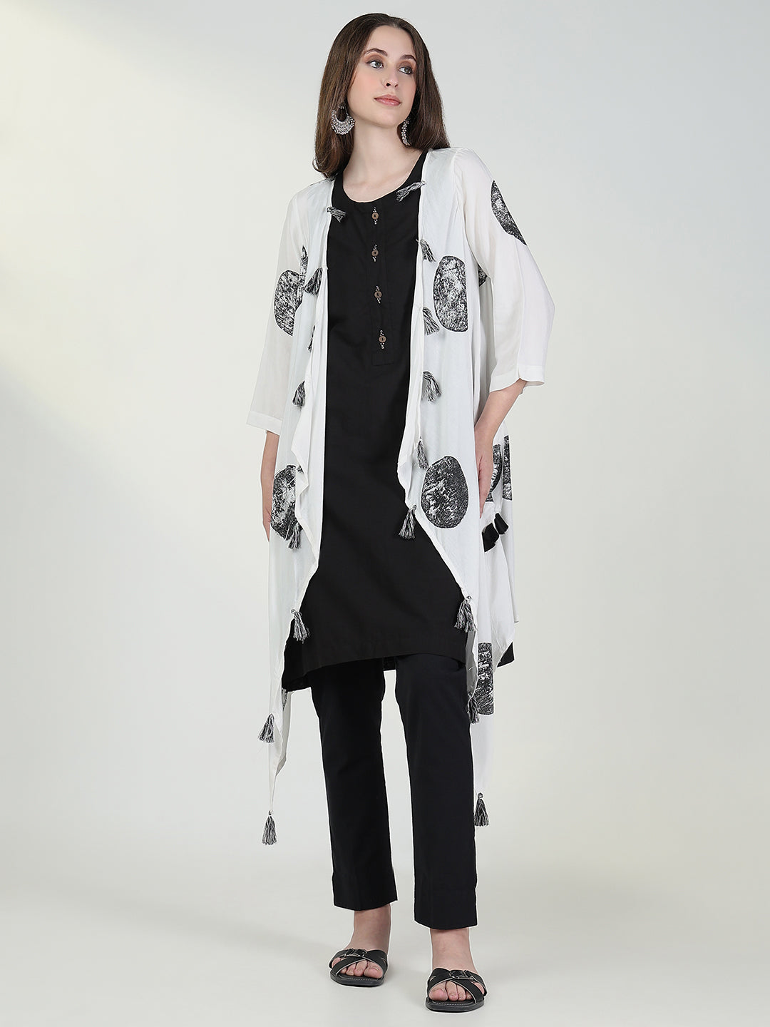 Women Black Solid A Line Kurta with Coat