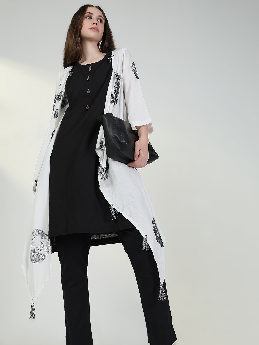 Women Black Solid A Line Kurta with Coat