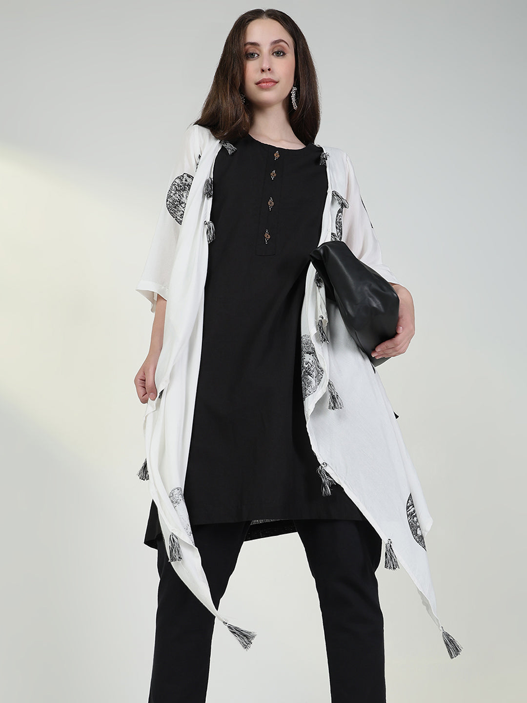 Women Black Solid A Line Kurta with Coat