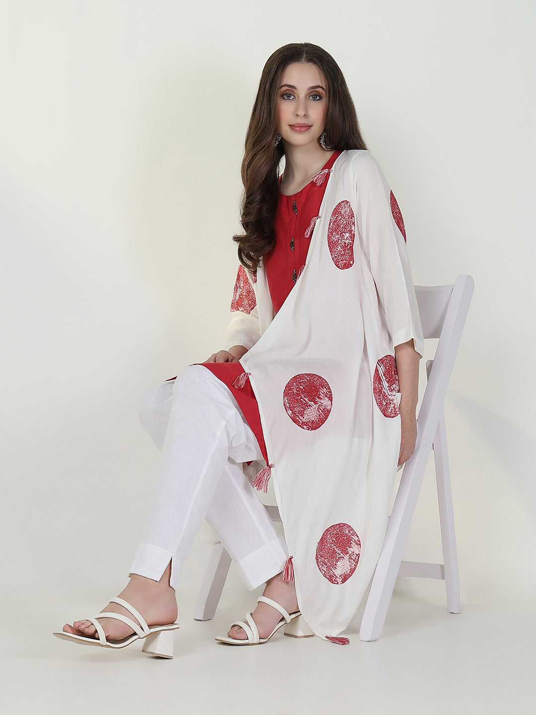 Women Red Solid A Line Kurta with Coat