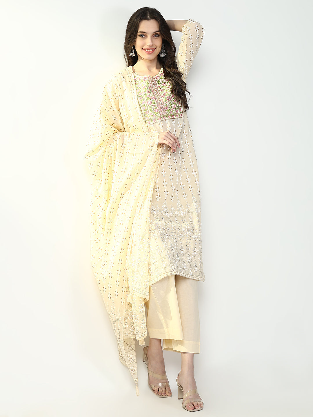 Women Floral Cream Straight Kurta Set with Dupatta