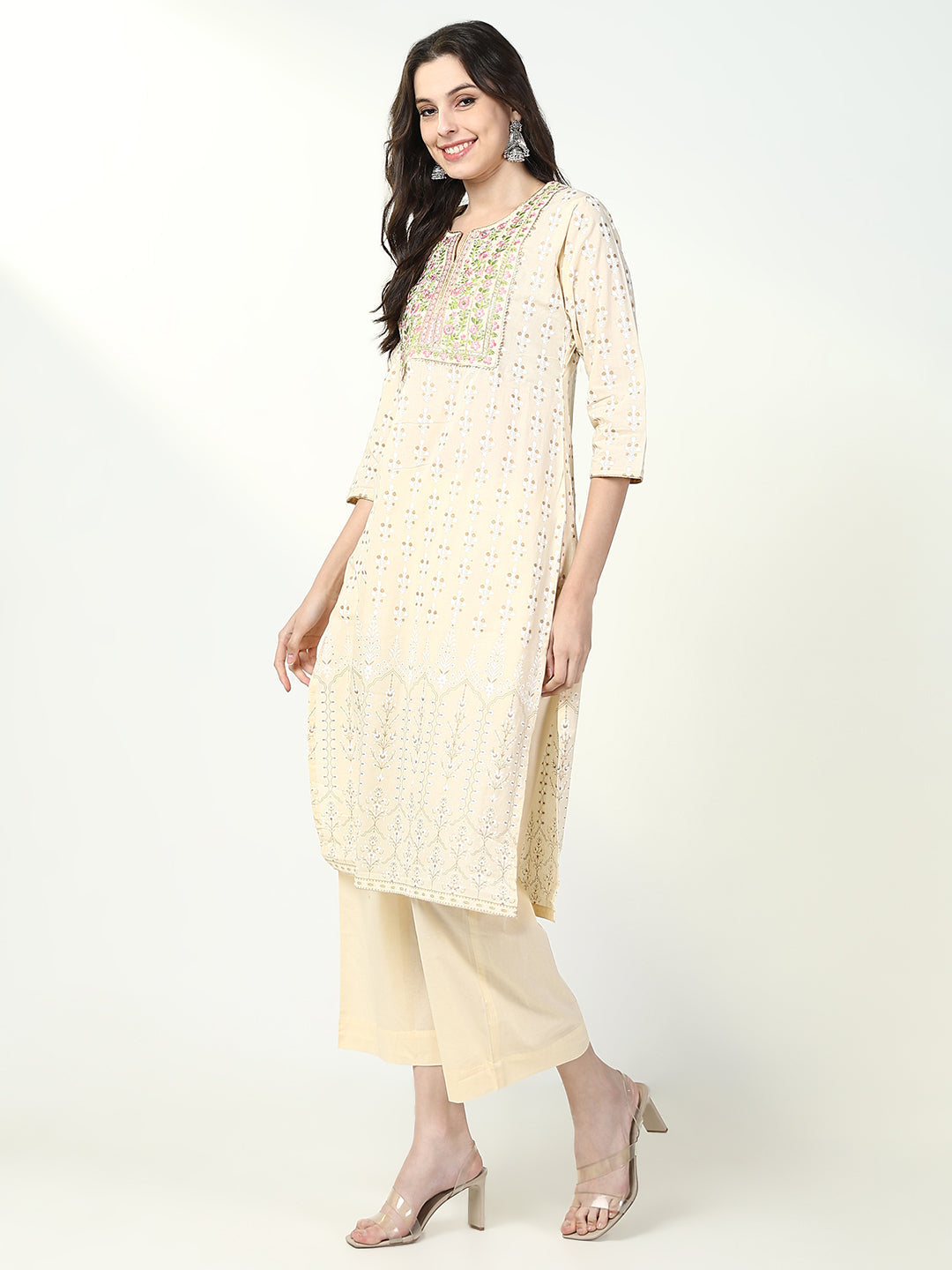 Women Floral Cream Straight Kurta Set with Dupatta