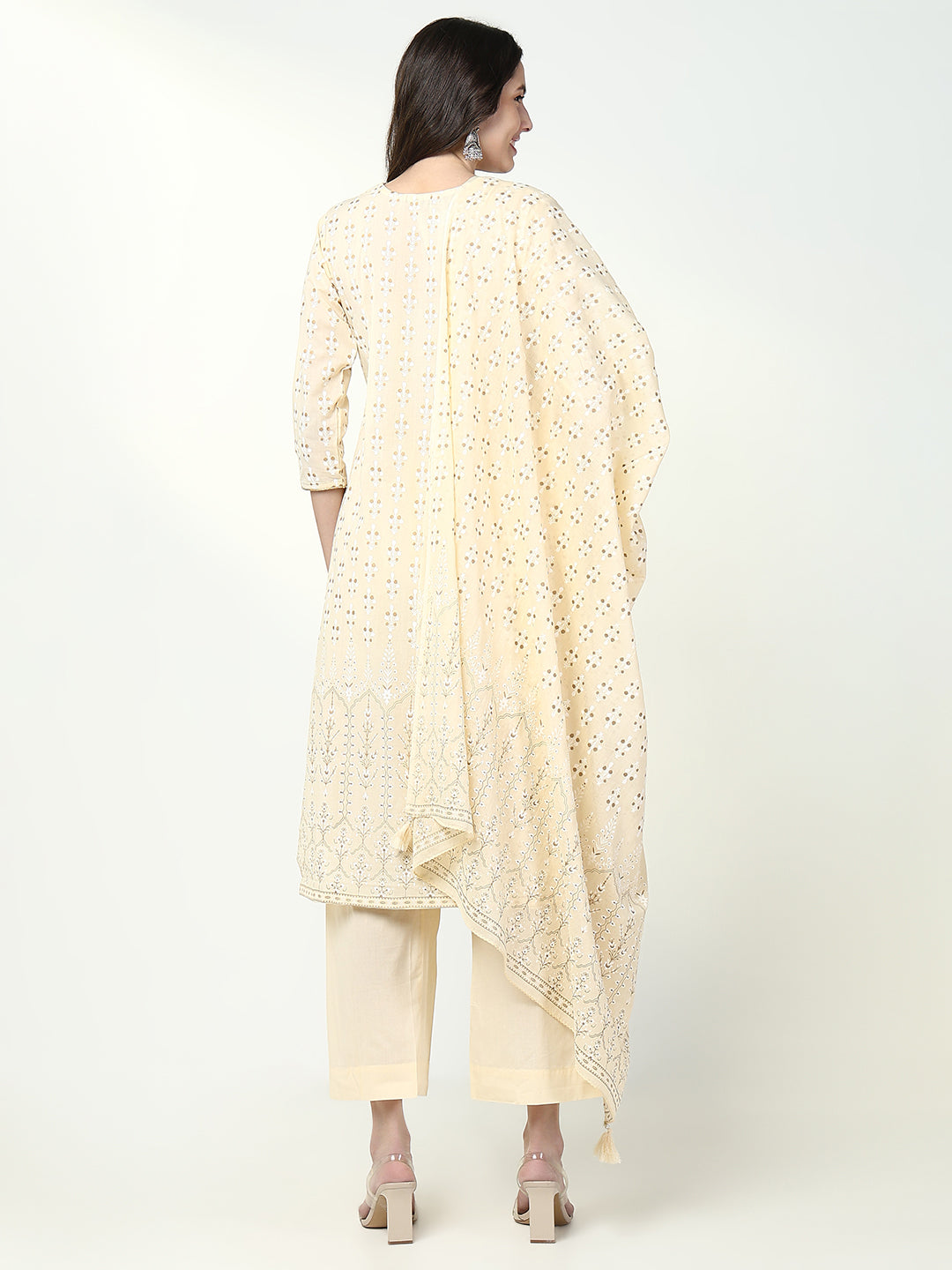 Women Floral Cream Straight Kurta Set with Dupatta