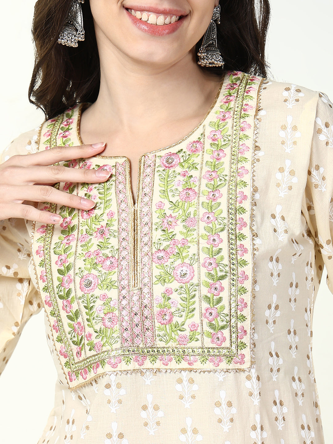 Women Floral Cream Straight Kurta Set with Dupatta