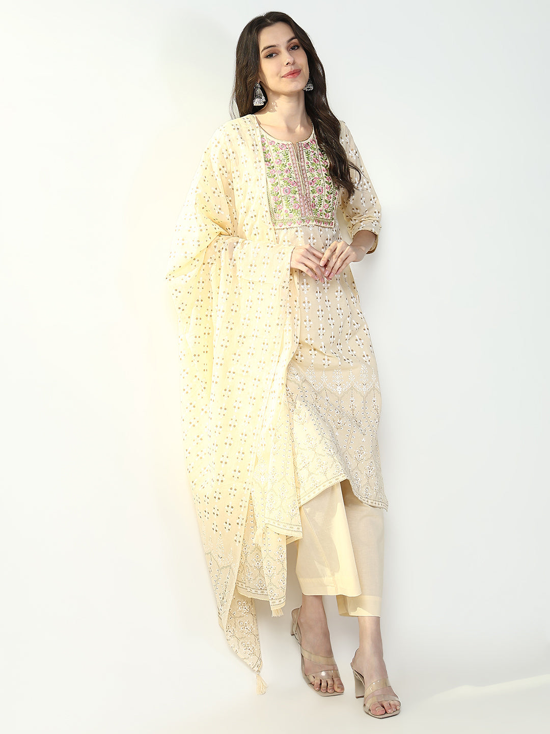 Women Floral Cream Straight Kurta Set with Dupatta