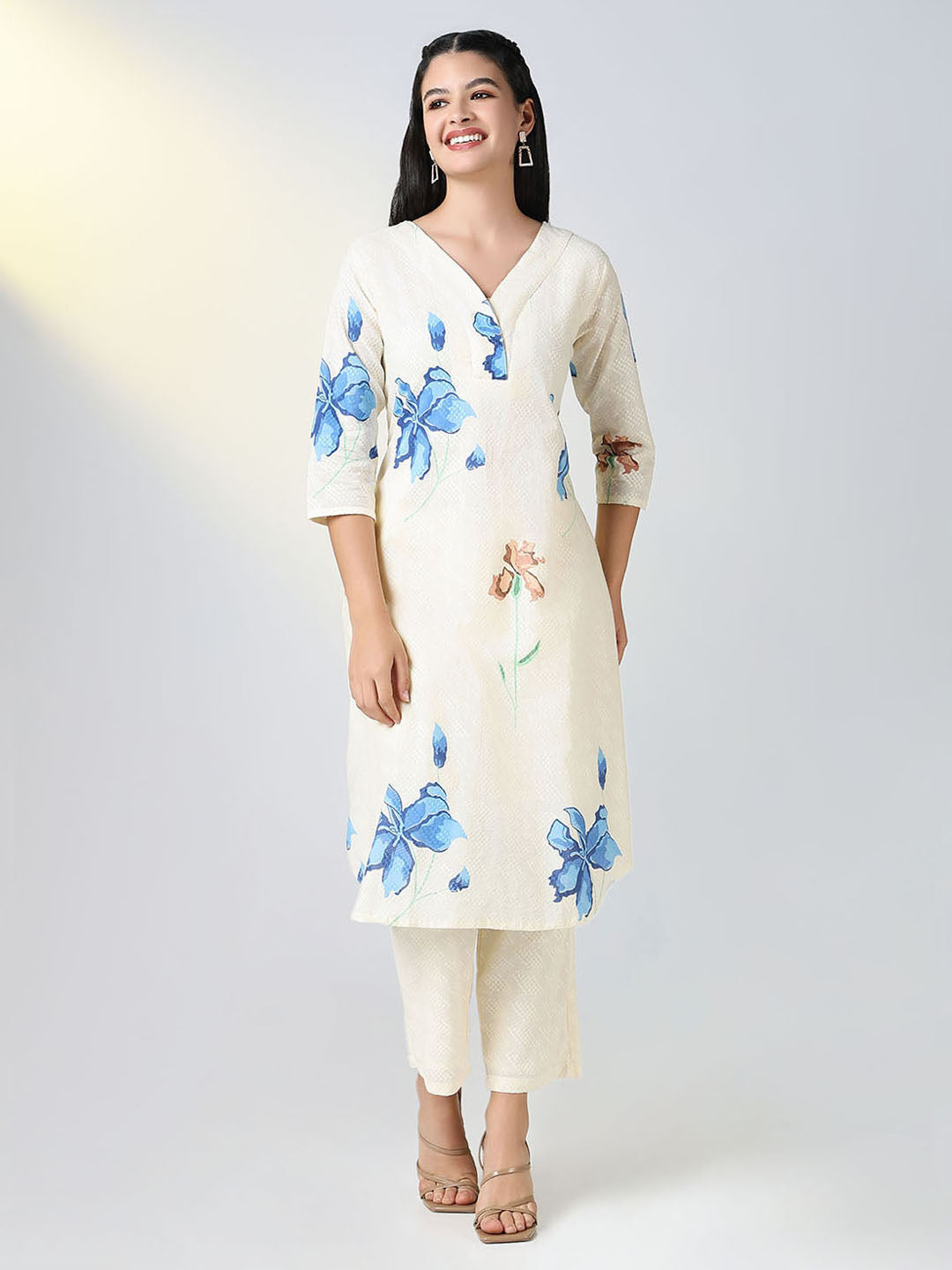 Women Cream Floral A Line Kurta Set