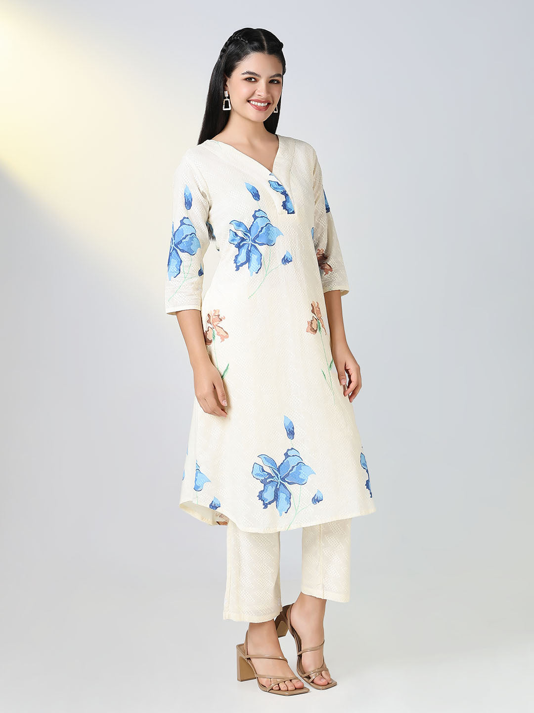 Women Cream Floral A Line Kurta Set