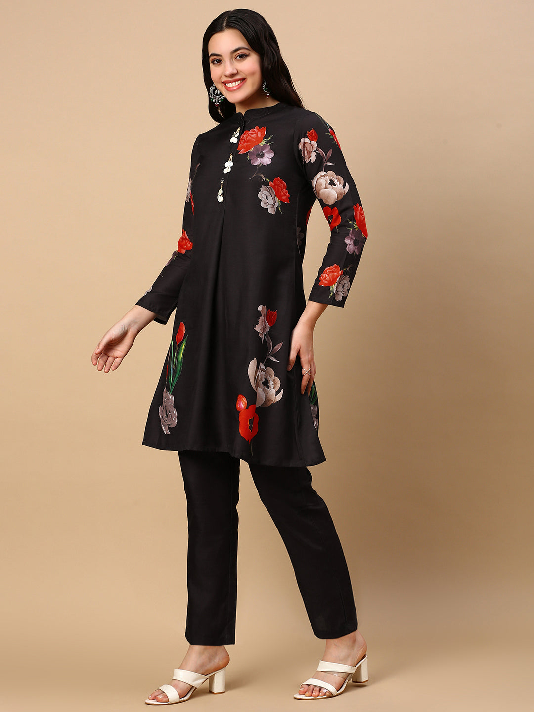 Women Floral Black A Line Kurta Set