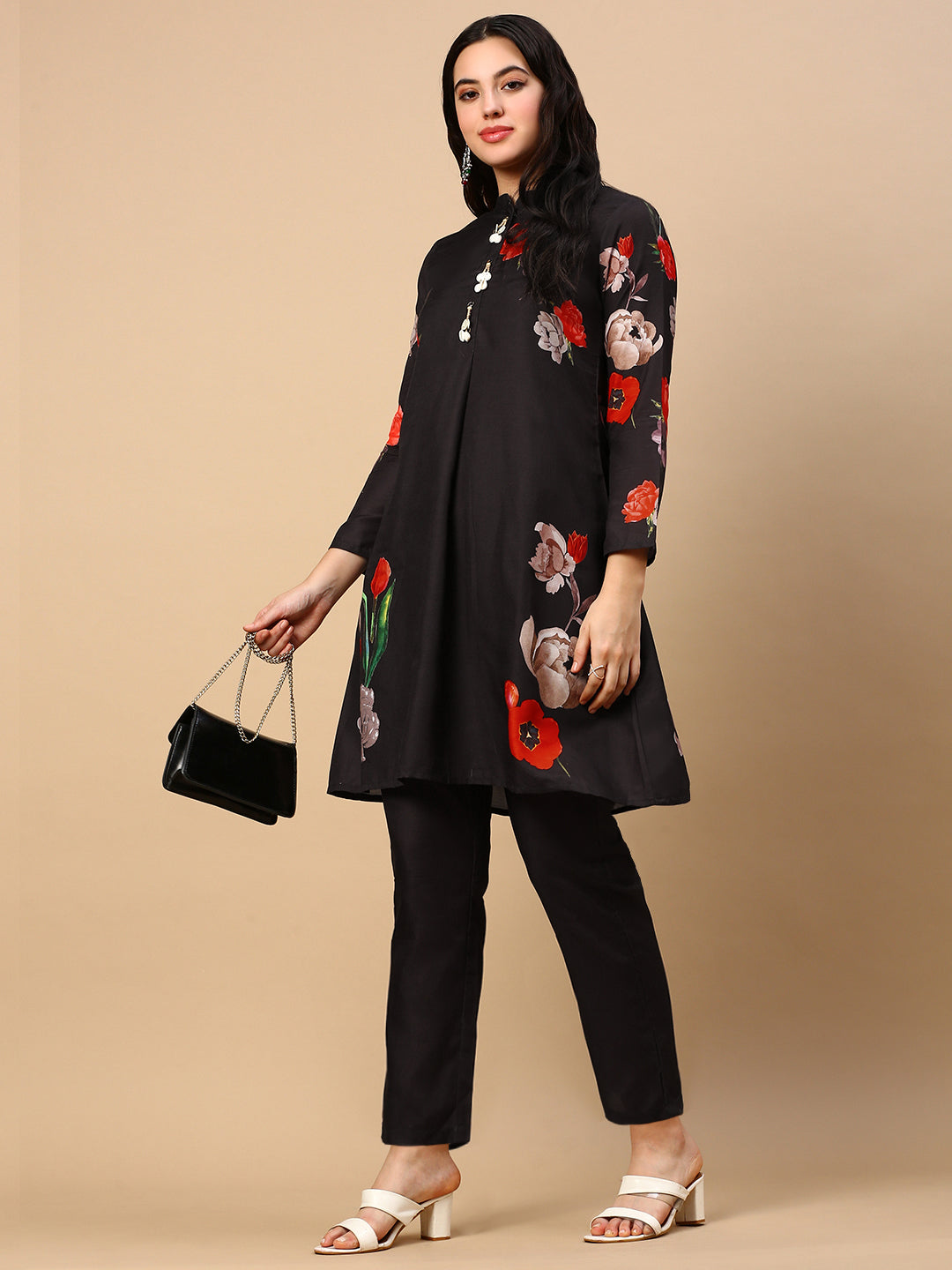 Women Floral Black A Line Kurta Set