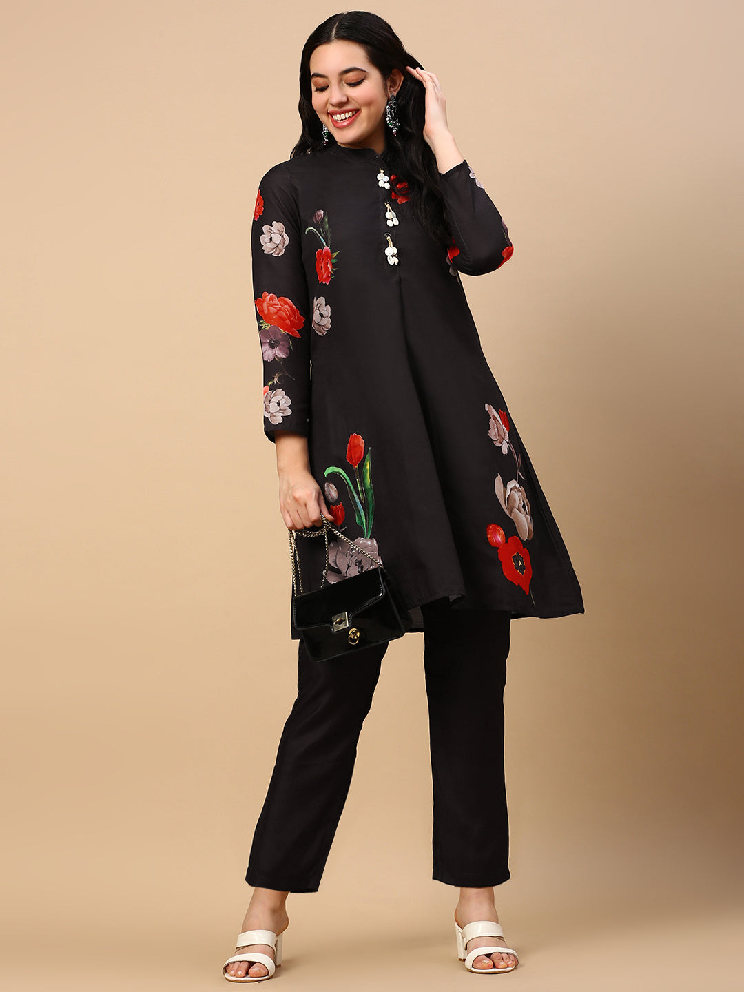 Women Floral Black A Line Kurta Set