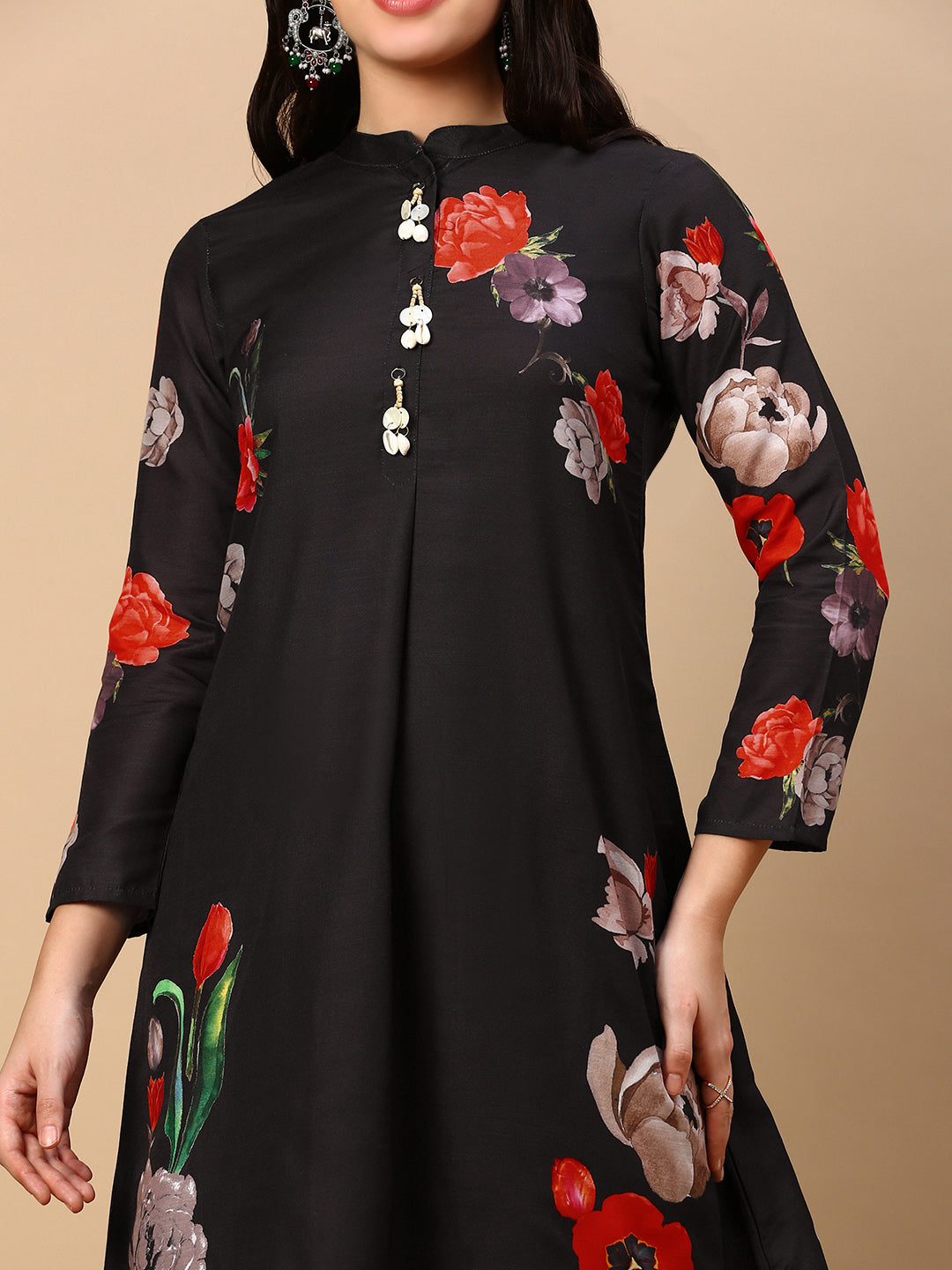 Women Floral Black A Line Kurta Set