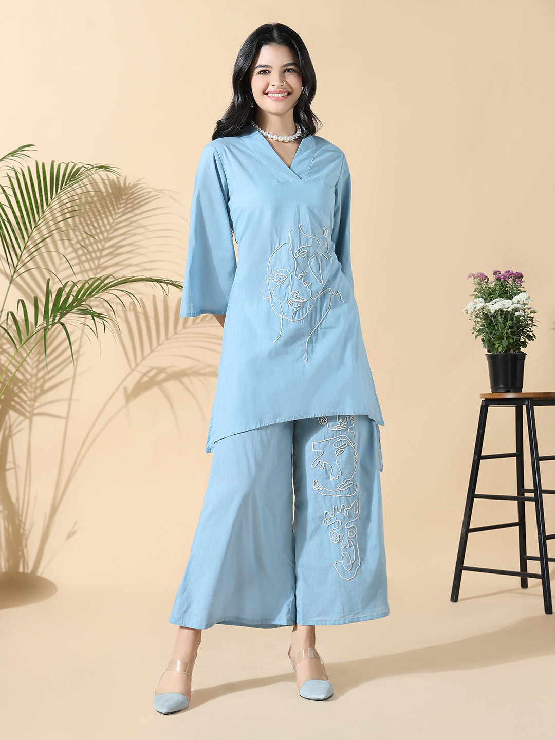 Women Abstract A-Line Thread Work Blue Kurta with Palazzos