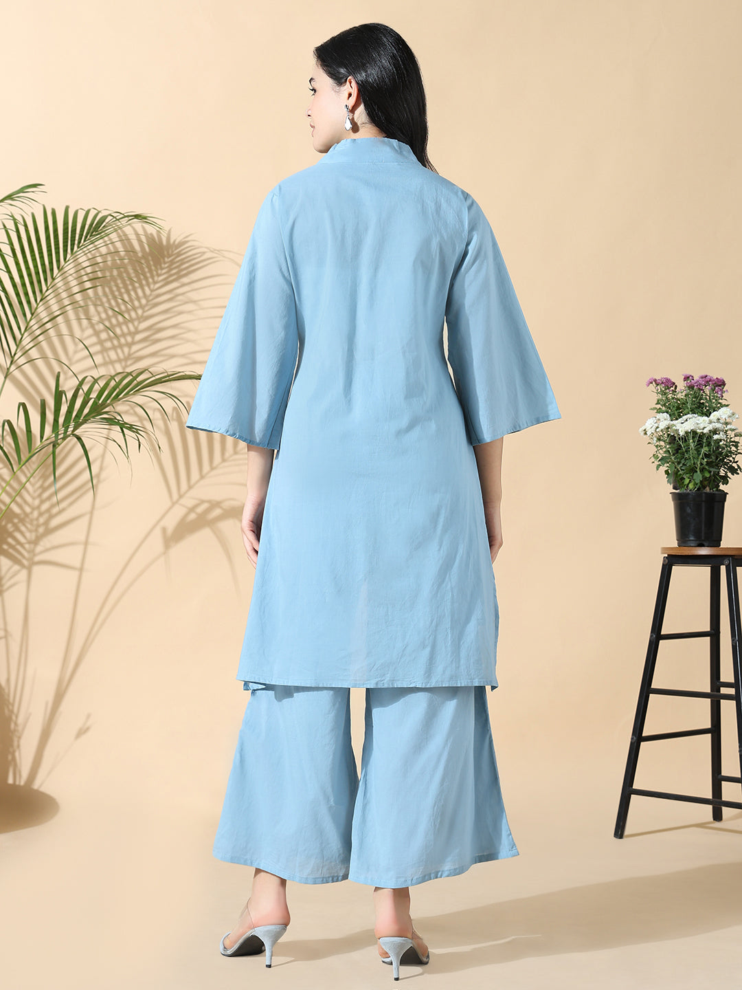 Women Abstract A-Line Thread Work Blue Kurta with Palazzos