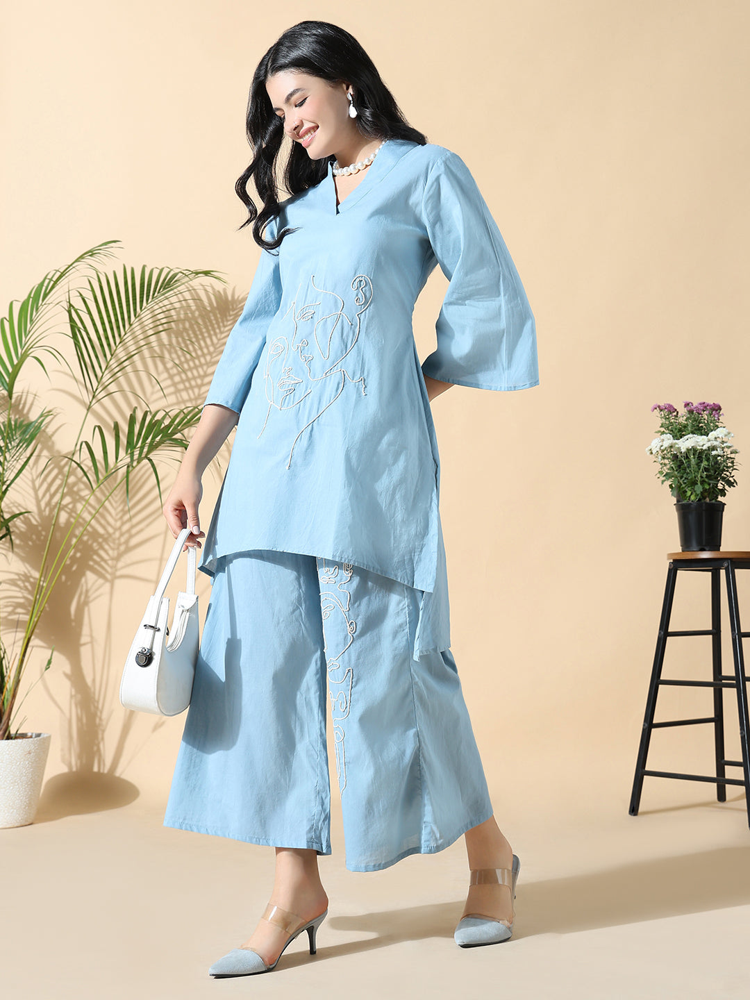 Women Abstract A-Line Thread Work Blue Kurta with Palazzos