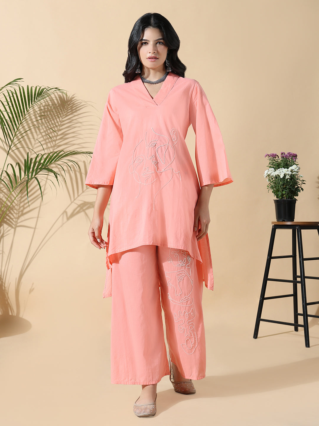 Women Abstract A-Line Thread Work Peach Kurta with Palazzos