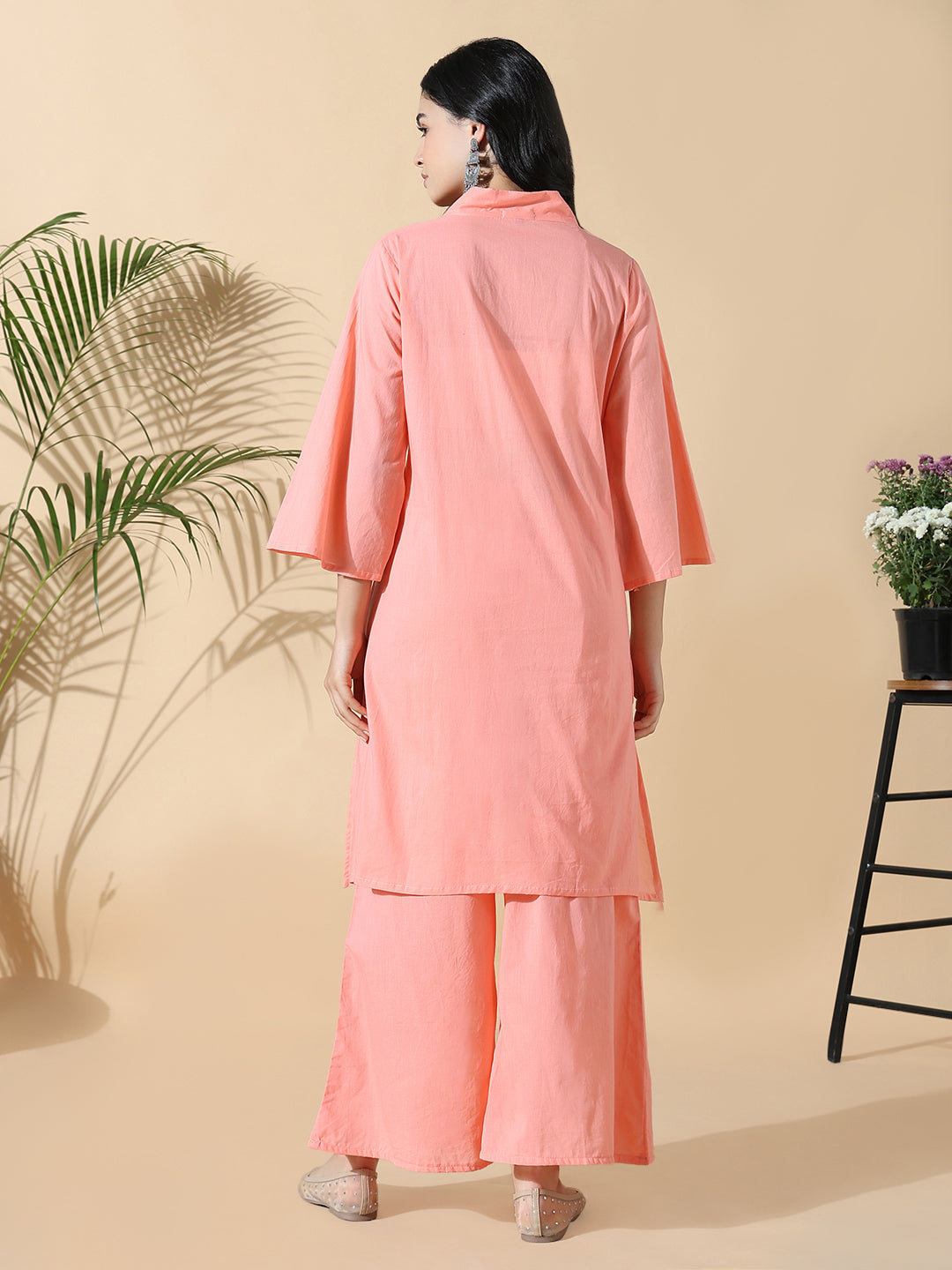 Women Abstract A-Line Thread Work Peach Kurta with Palazzos