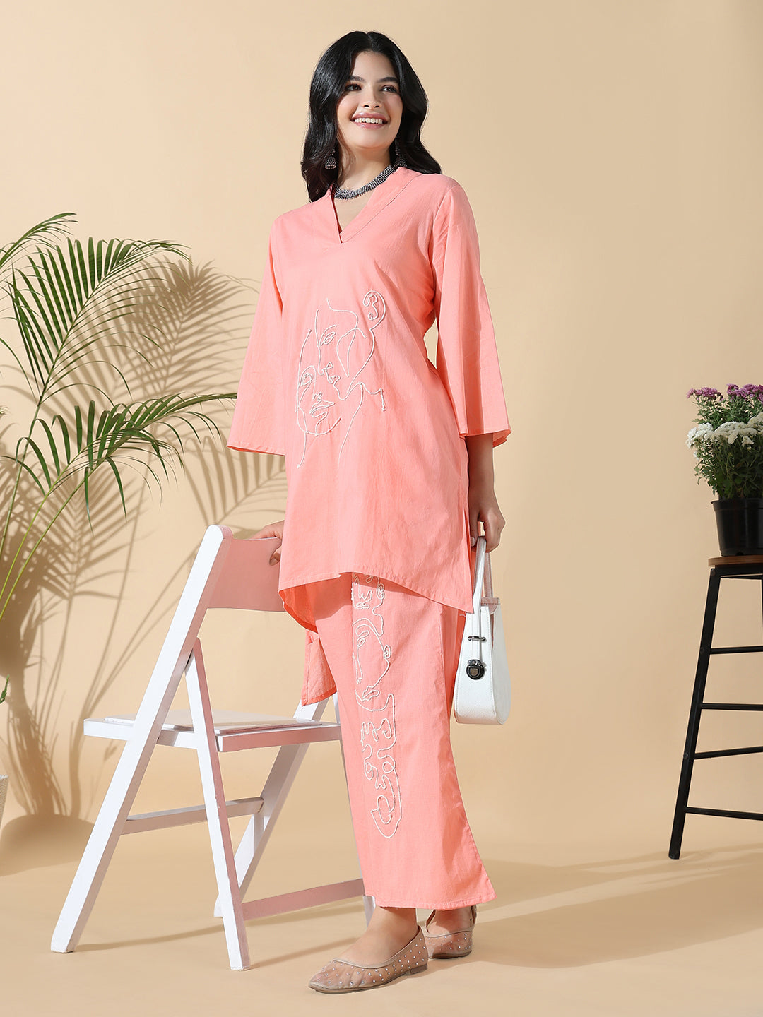 Women Abstract A-Line Thread Work Peach Kurta with Palazzos