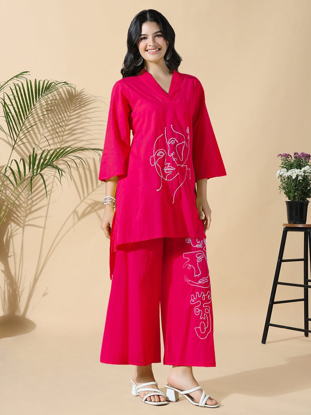 Women's Embroidered Pink A-Line Kurta with Palazzos