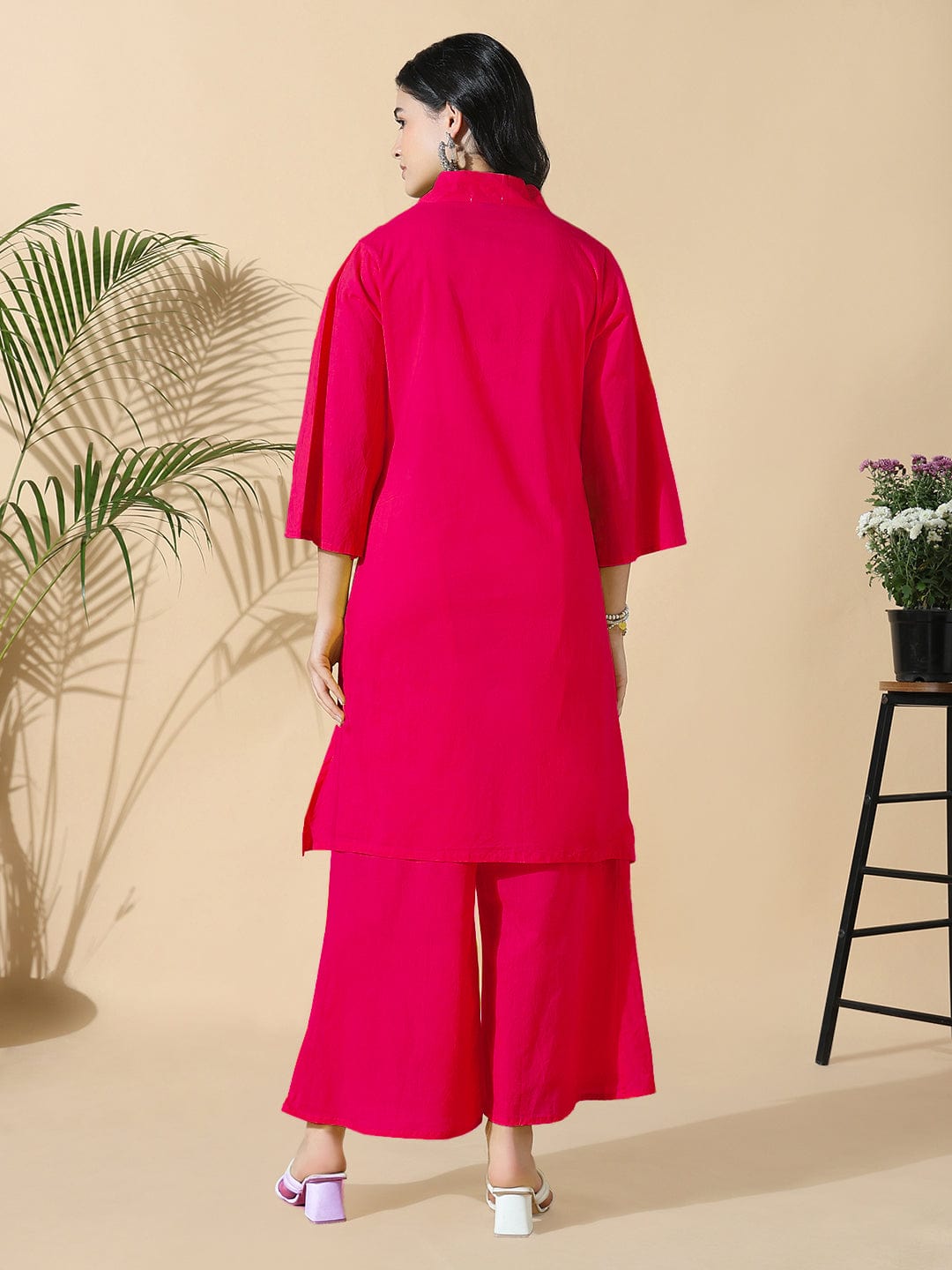 Women's Embroidered Pink A-Line Kurta with Palazzos