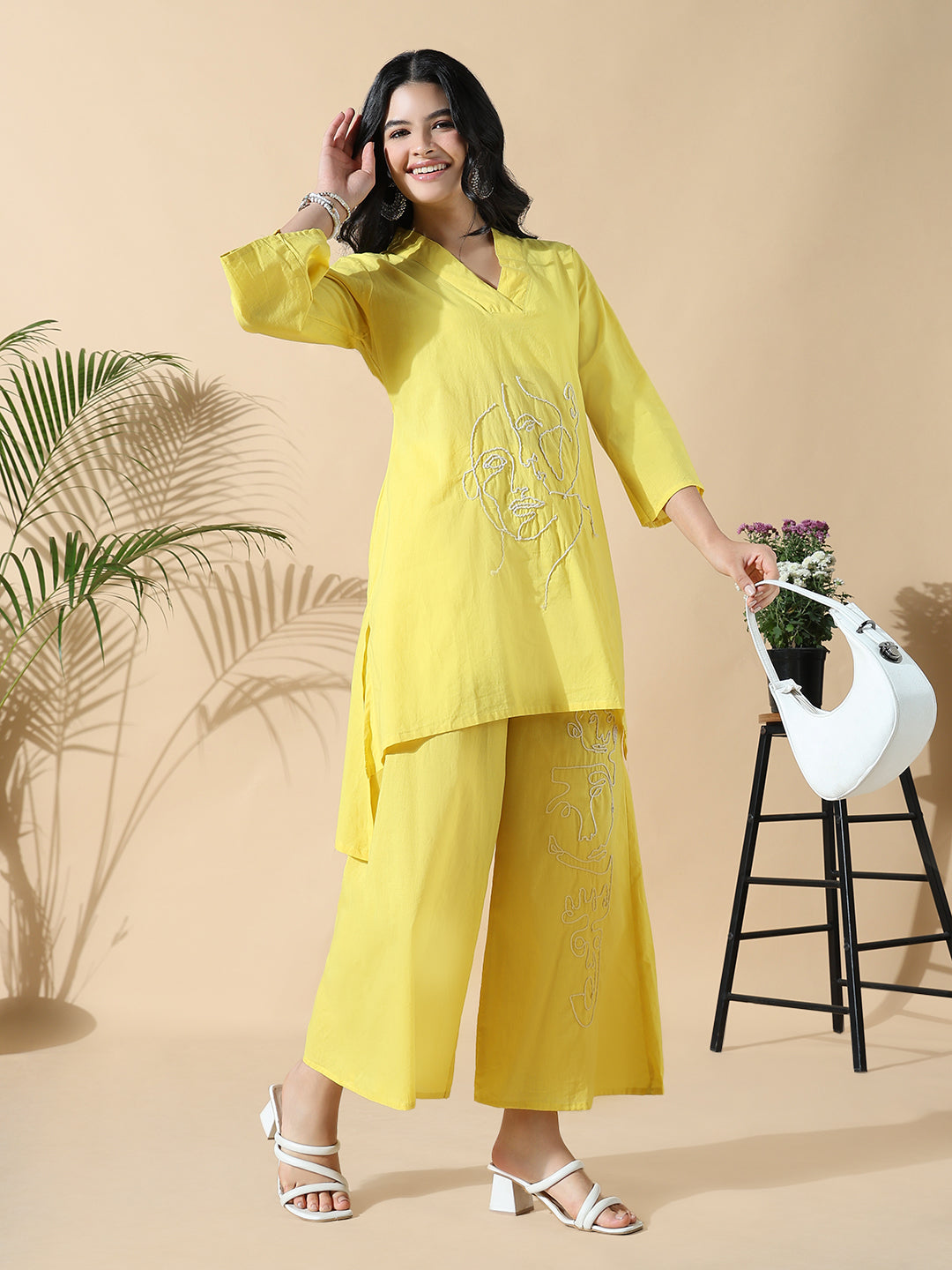 Women Abstract A-Line Thread Work Yellow Kurta with Palazzos