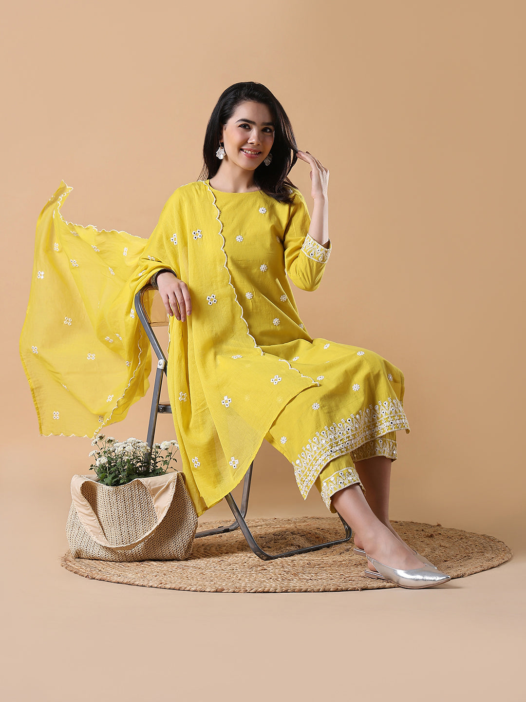 Women Floral Straight Thread Work Yellow Kurta Set with Dupatta