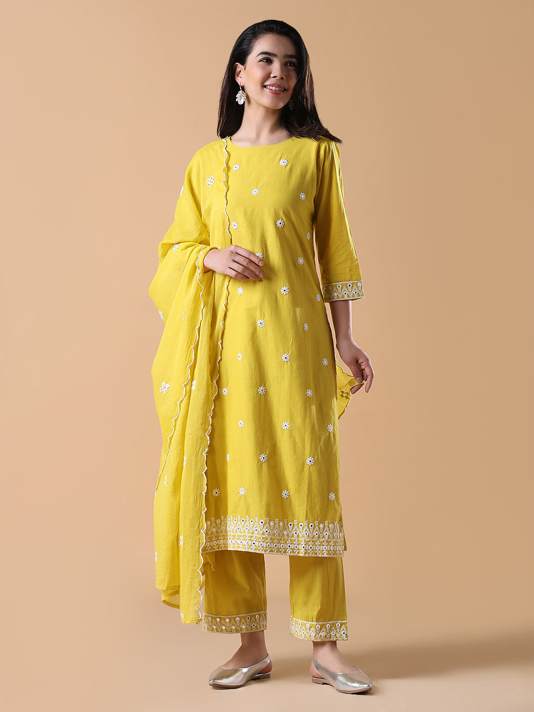 Women Floral Straight Thread Work Yellow Kurta Set with Dupatta