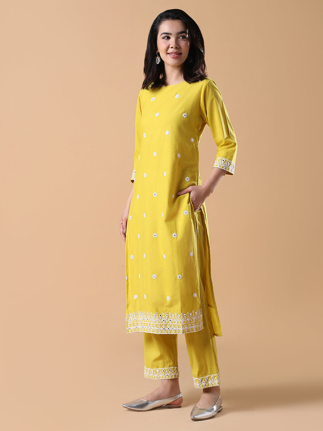 Women Floral Straight Thread Work Yellow Kurta Set with Dupatta