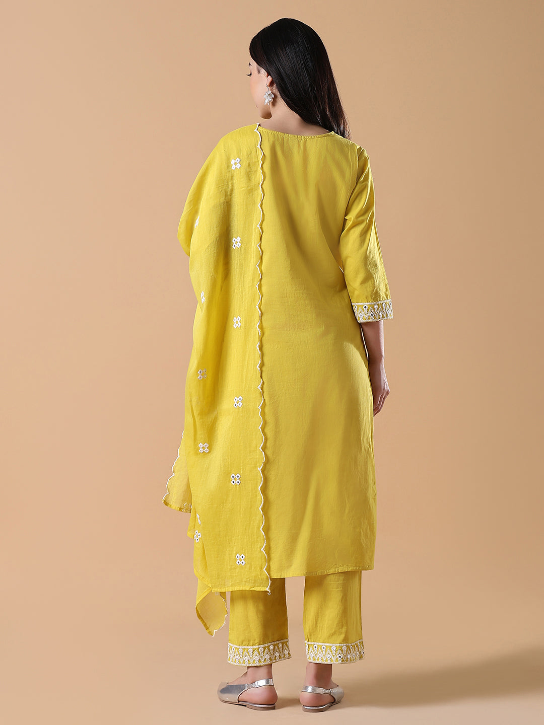 Women Floral Straight Thread Work Yellow Kurta Set with Dupatta