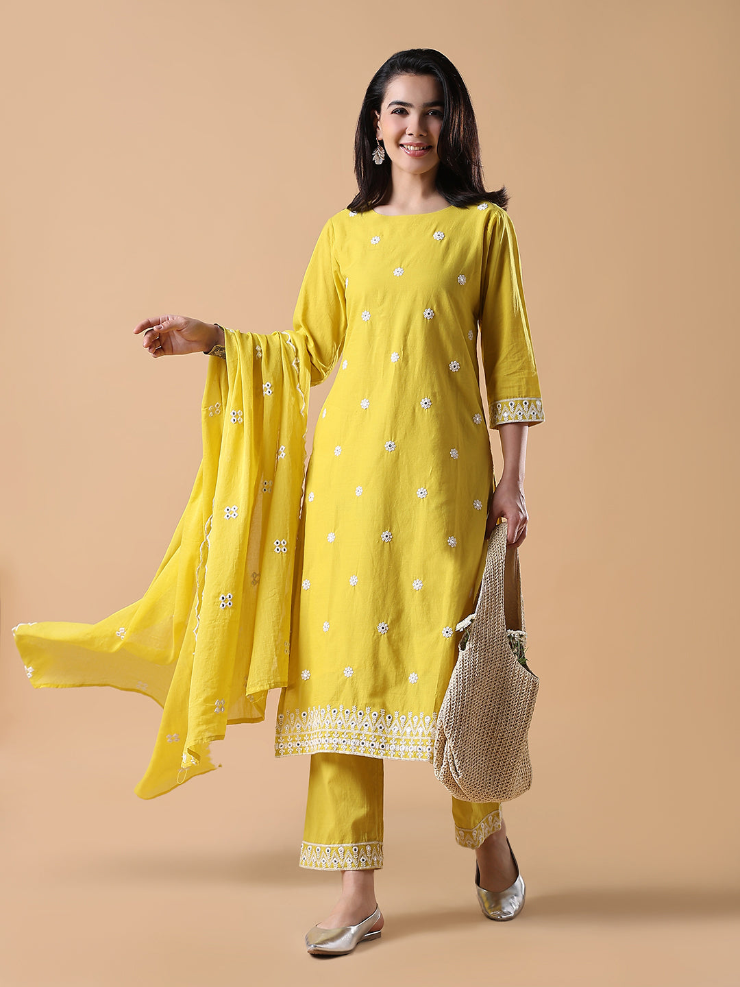 Women Floral Straight Thread Work Yellow Kurta Set with Dupatta