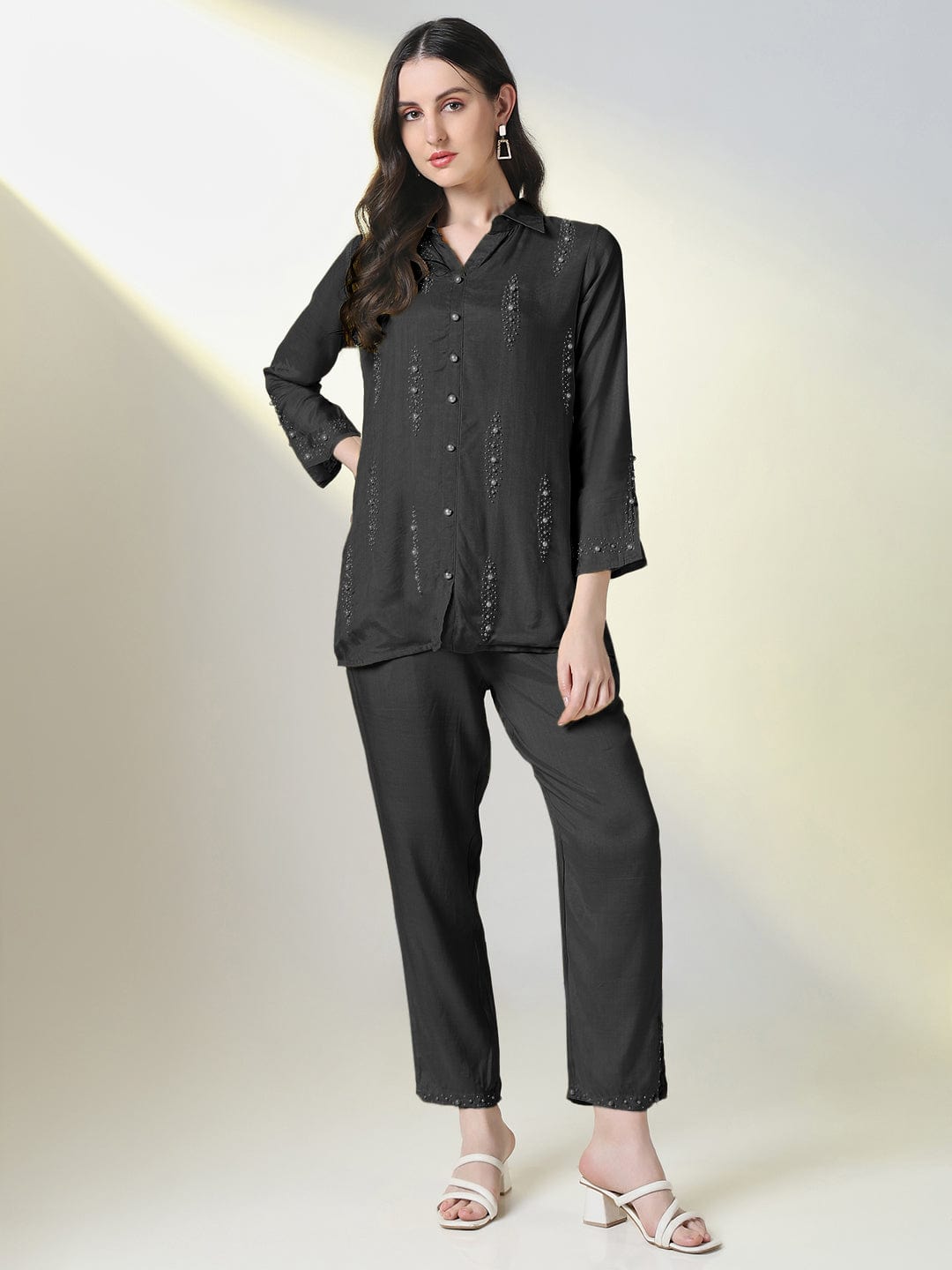 Women's Embellished Black Top with Trouser Co-Ords Set