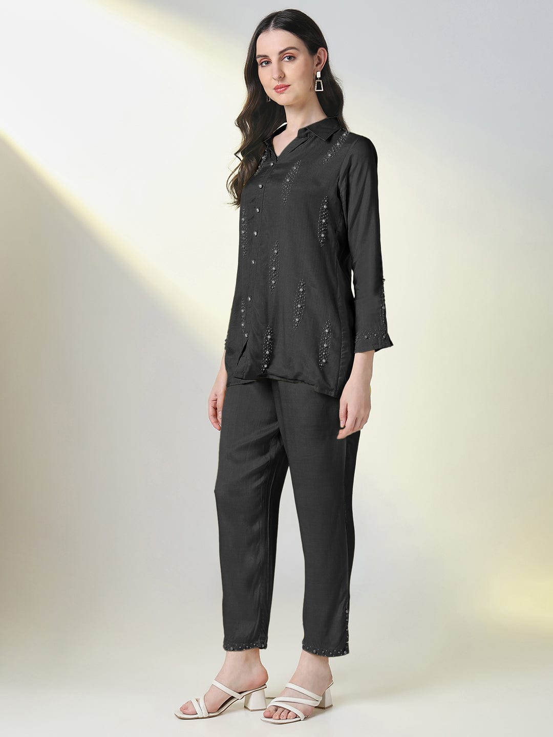 Women's Embellished Black Top with Trouser Co-Ords Set