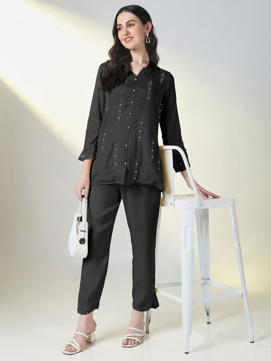 Women's Embellished Black Top with Trouser Co-Ords Set