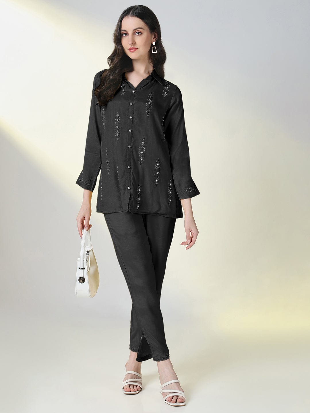 Women's Embellished Black Top with Trouser Co-Ords Set