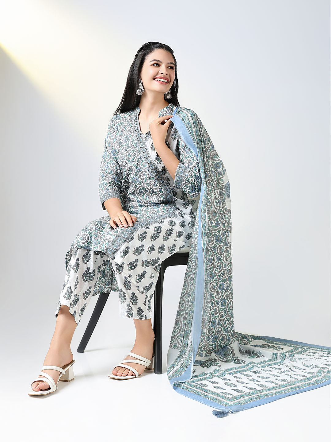 Women Blue Block Print A Line Kurta Set with Dupatta