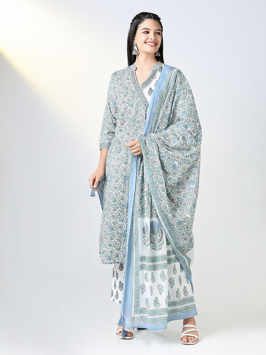 Women Blue Block Print A Line Kurta Set with Dupatta