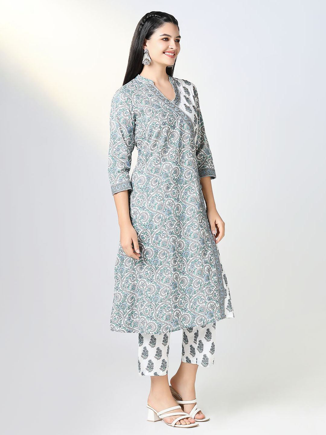 Women Blue Block Print A Line Kurta Set with Dupatta