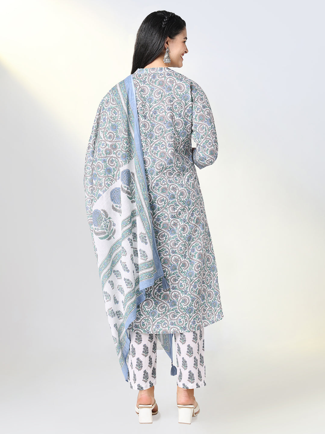 Women Blue Block Print A Line Kurta Set with Dupatta