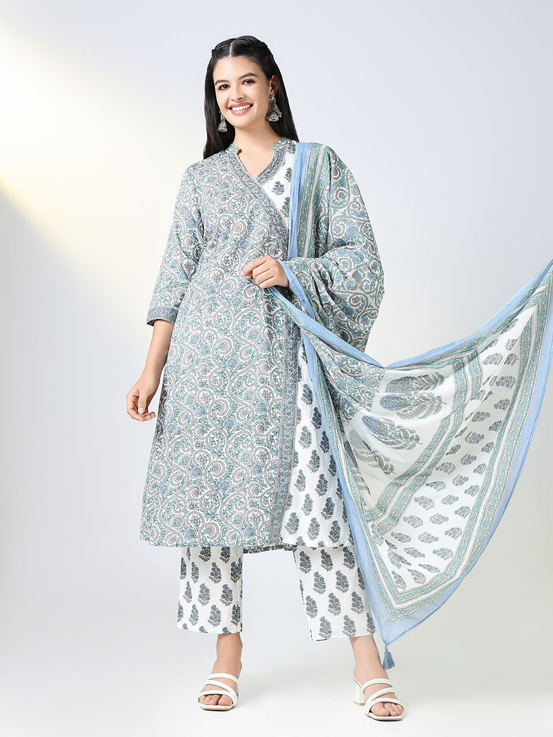 Women Blue Block Print A Line Kurta Set with Dupatta