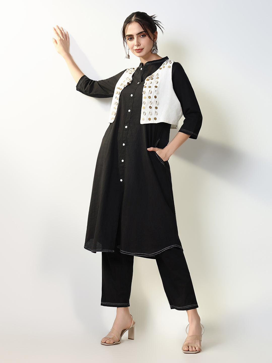 Women Solid Black A Line Kurta Set