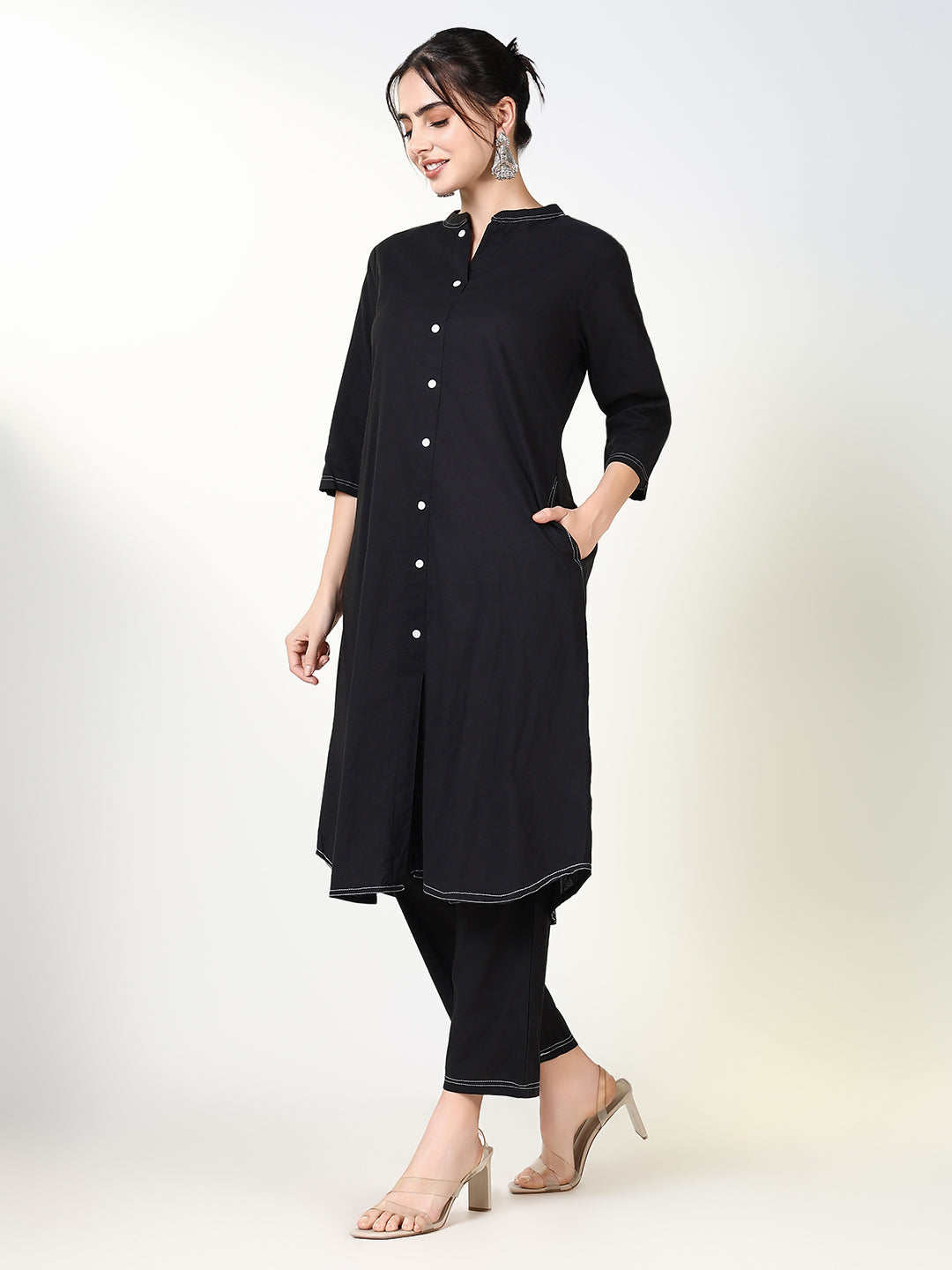 Women Solid Black A Line Kurta Set