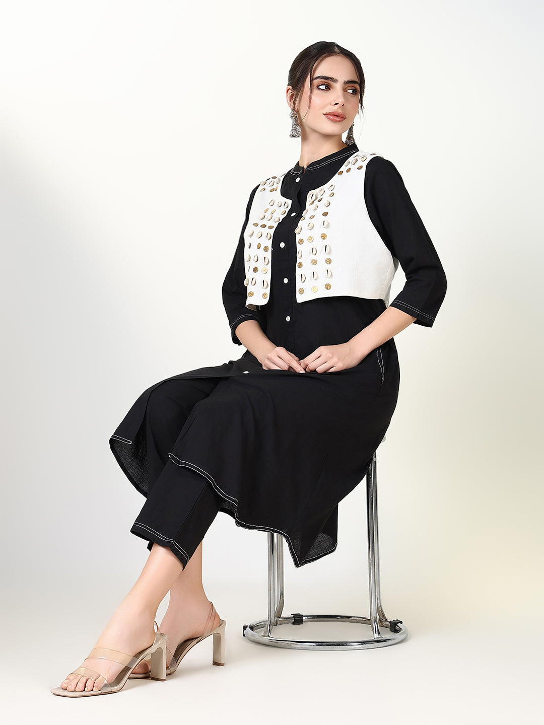 Women Solid Black A Line Kurta Set